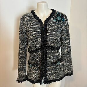 St. John Couture Boutique size 10 Teal Floral Broach Tweed Coquette Twee Jacket